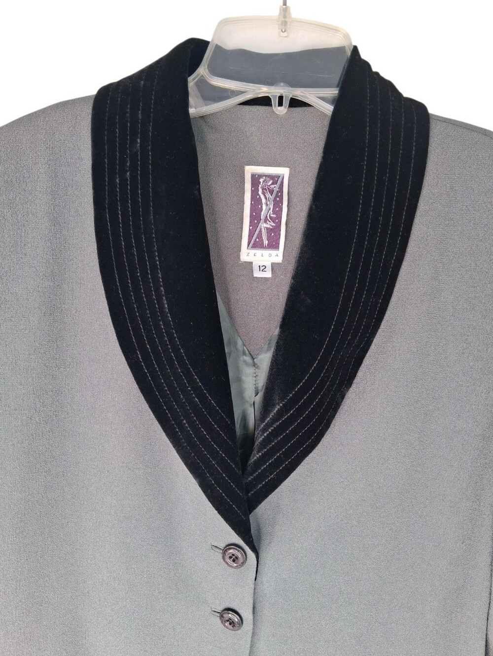 vintage Zelda Women's Gray Blazer with Black Velvet Shawl Collar Size 12 - Picture 4 of 10